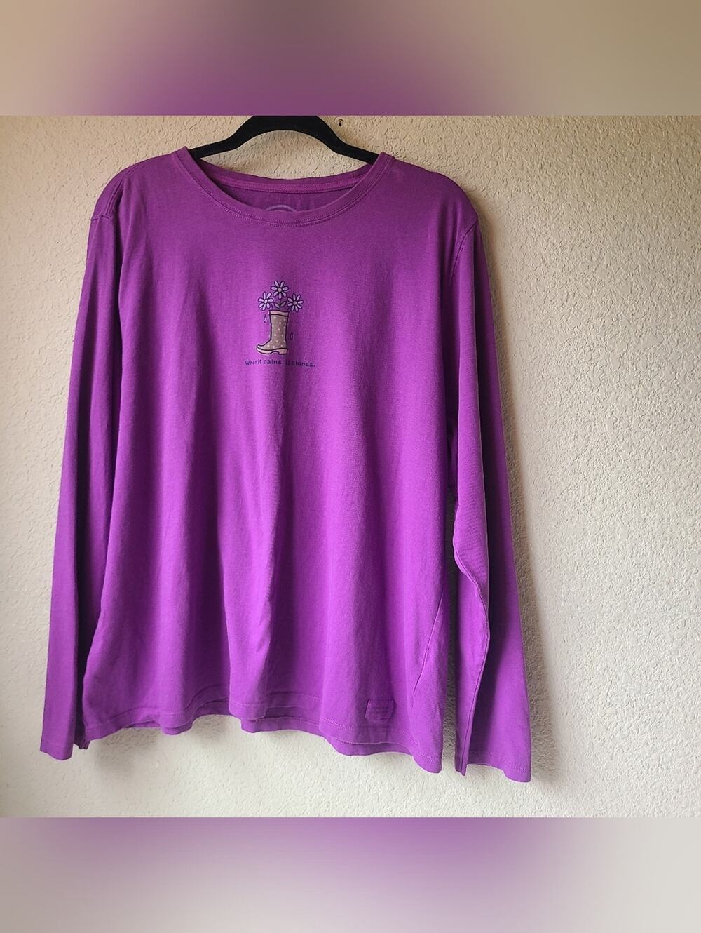 Life Is Good Purple Graphic Long Sleeve Tee Floral Boot Women's Size XL